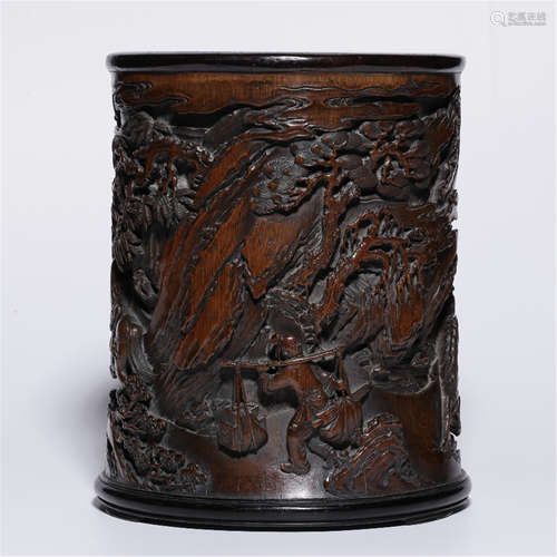 A CHINESE BAMBOO MOUNTAIN VIEWS BRUSH POT