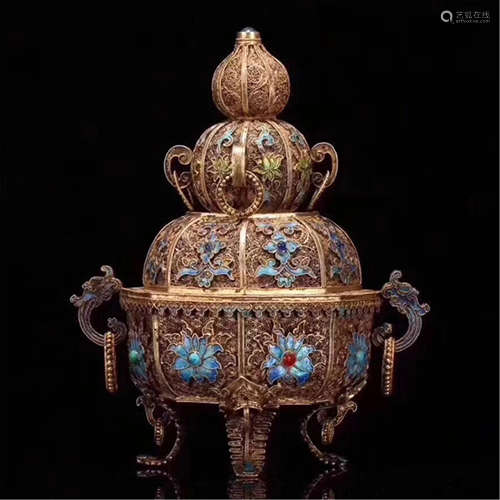 A CHINESE GILT SILVER CLOISONEE FLOWE TRIPLE FEET LIDDED CENSER