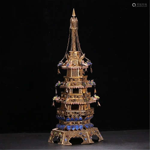 A CHINESE GILT SILVER HEXAGONAL PAGODA