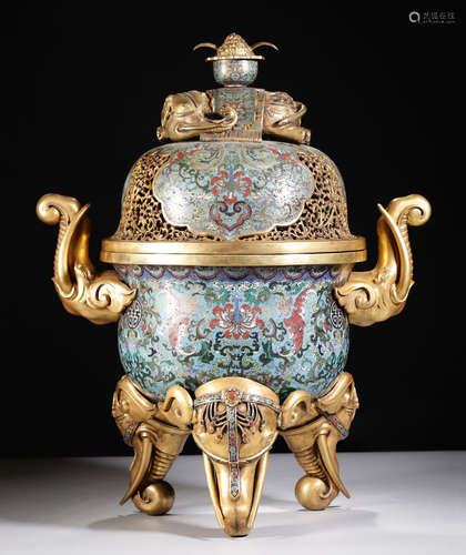 A CHINESE CLOISONNE LIDDED HANDLE TRIPLE FEET CENSER