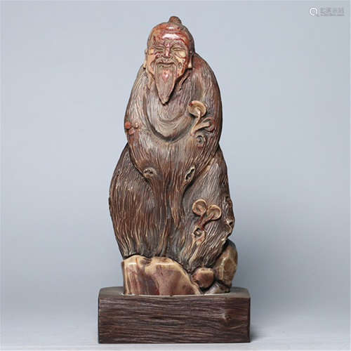 A CHINESE SOAP STONE CARVED OLD MAN TABLE ITEM