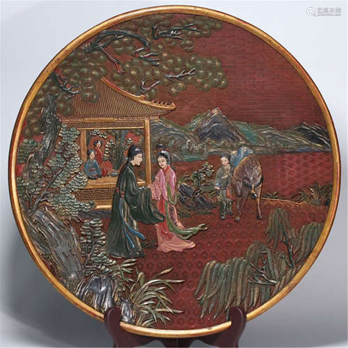 A CHINESE LACQUER COLOR PAINTED FIGURE AND STORY CINNABAR PLATE