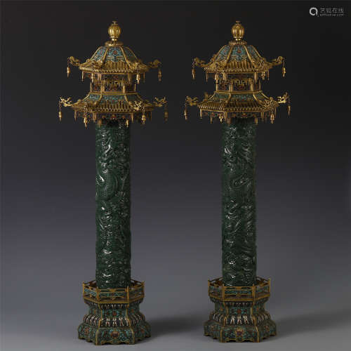 A PAIR OF CHINESE CLOISONNE PLAQUE SPINACH JADE DRAGON TOWER