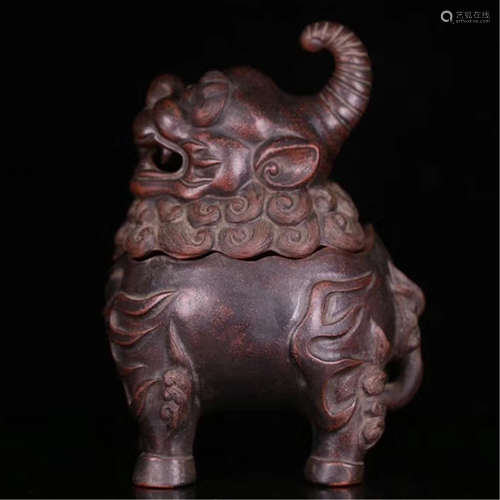 A CHINESE ARCHAIC ZISHA CARVED BEAST CENSER