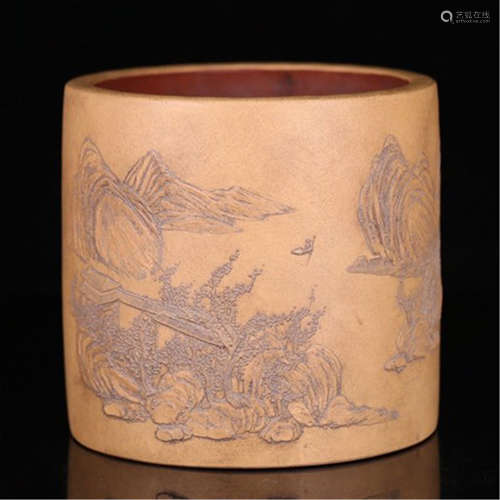 A CHINESE ARCHAIC ZISHA CARVED MOUNTAIN POEM BRUSH POT