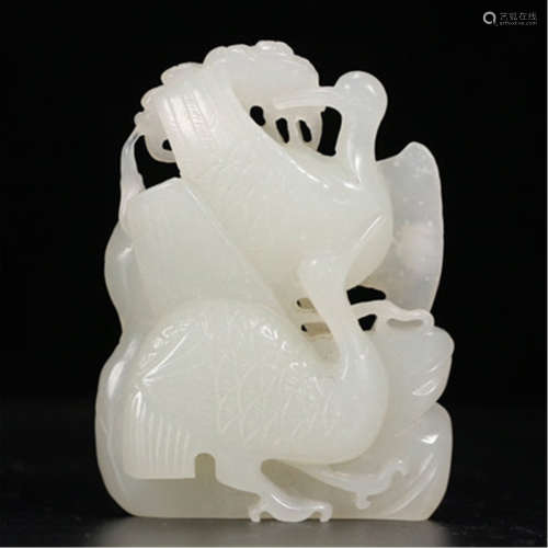 A CHINESE ARCHAIC HETIAN JADE CARVED CRANE AND PINE TABLE ITEM