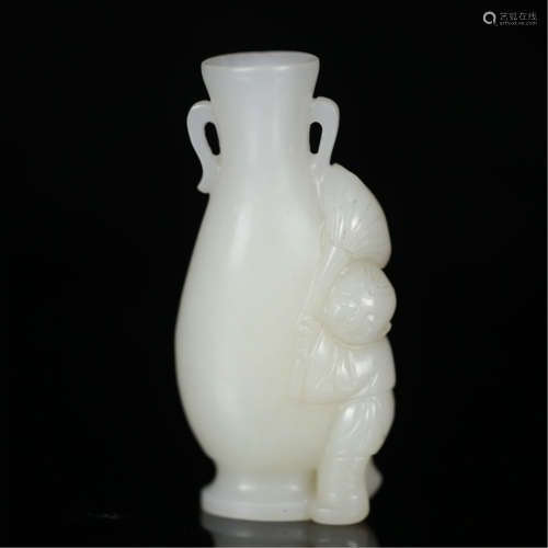 A CHINESE WHITE JADE CARVING BOY TABLE ITEM