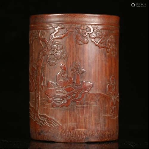 A CHINESE ANCIENT BAMBOO FIGURE AND STORY ROUND BRUSH POT
