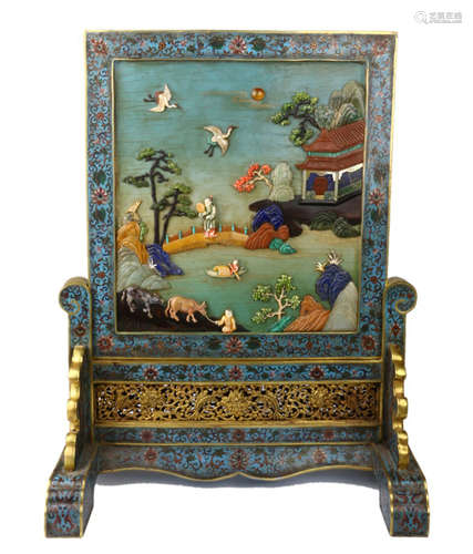 A CHINESE CLOISONNE FIGURE TABLE SCREEN