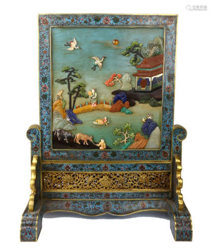 A CHINESE CLOISONNE FIGURE TABLE SCREEN