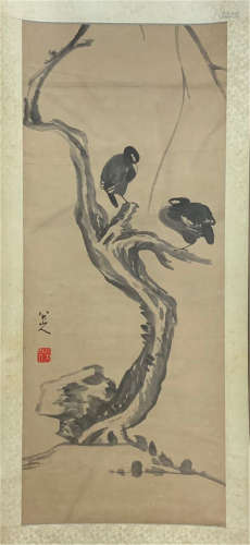 A CHINESE SCROLL PAINTING OF BIRD AND TREE