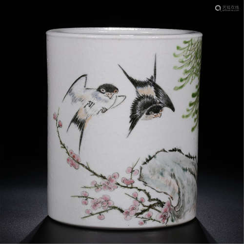 A CHINESE PORCELAIN SWALLOW BRUSH POT