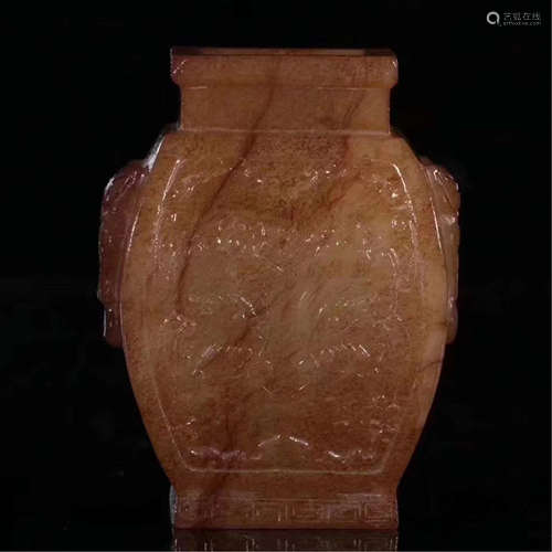 A CHINESE CARVED JADE HANDLE SQUARE VASE