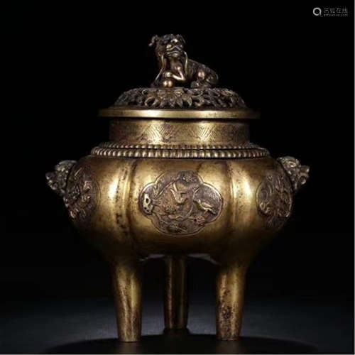 A CHINESE GILT BRONZE BEAST TRIPLE FEET INCENSE BURNER