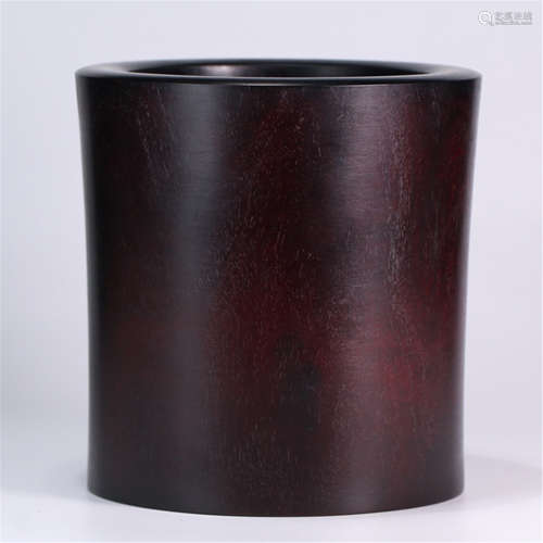 A CHINESE ZITAN WOOD ROUND BRUSH POT