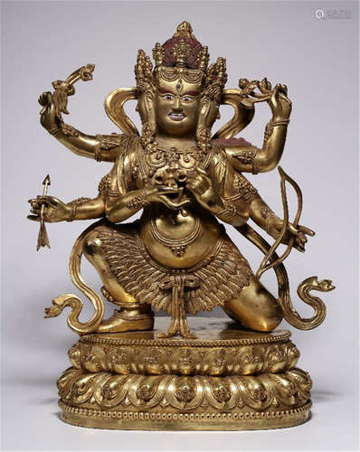 A CHINESE TIBETAN GILT BRONZE STANDING BUDDHIST