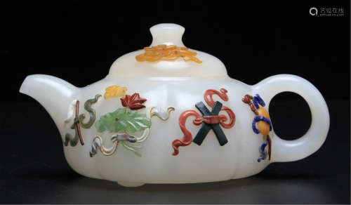 A CHINESE CARVED JADE GEM STONE INLAID TEA POT