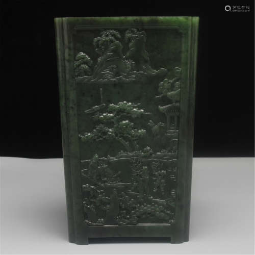 A CHINESE CARVED SPINACH JADE PINE BRUSH POT