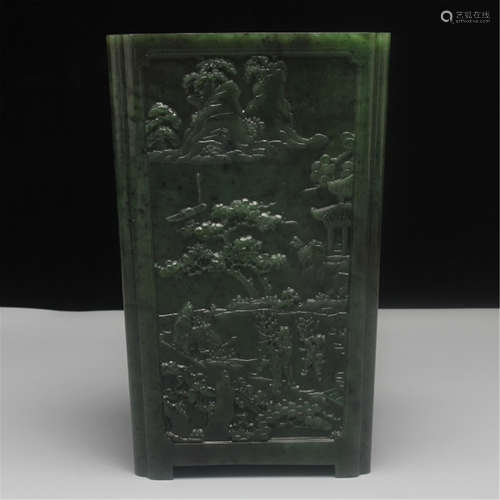 A CHINESE CARVED SPINACH JADE PINE BRUSH POT