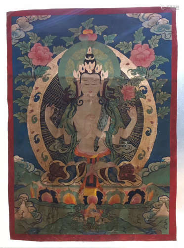 TIBETAN THANGKA OF FOUR ARMS SEATED BUDDHA