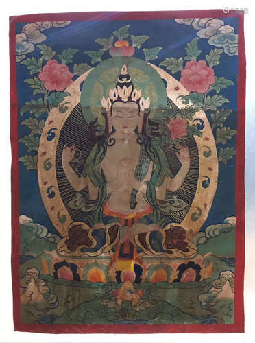 TIBETAN THANGKA OF FOUR ARMS SEATED BUDDHA