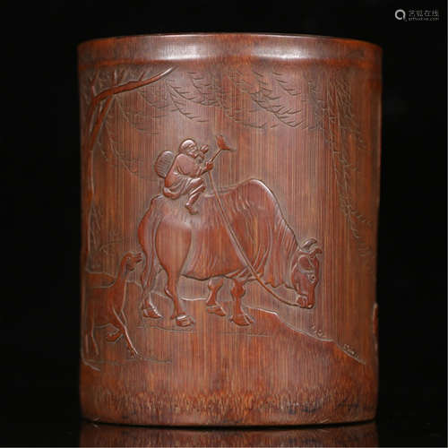 A CHINESE CARVED BAMBOO FIGURE AND STORY ROUNG BRUSH POT