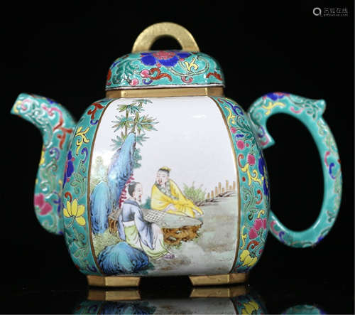 A CHINESE CLOISONNE PAINTED ZISHA CLAY FIGURE TEA POT