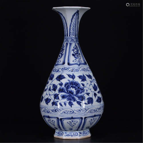 A CHINESE PORCELAIN BLUE AND WHITE OCTAGONAL YUHUCHUN VASE