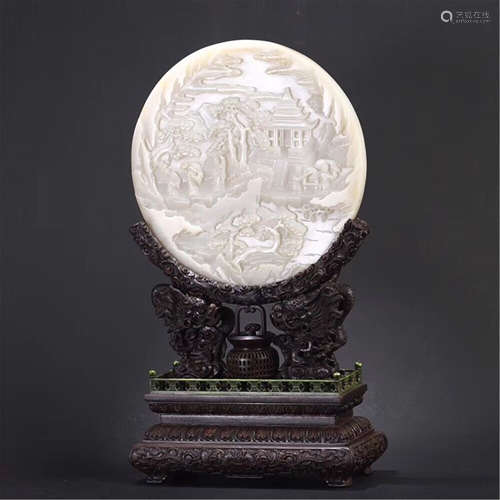 A CHINESE CARVED JADE INLAID TABLE SCREEN