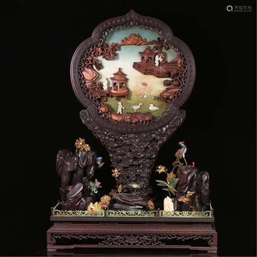 A CHINESE CARVED ZITAN WOOD LACQUER GEM STONE INLAID TABLE SCREEN