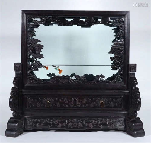 A CHINESE CARVED ZITAN WOOD PINE WITH MIRROR INLAID