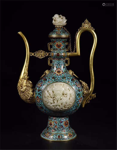 A CHINESE CLOISONNE FLOWER CARVED JADE INLAID HANDLE KETTLE