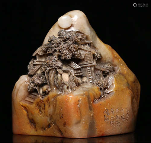 A CHINESE ANCIENT SOAP STONE FIGURE AND STORY TABLE ITEM