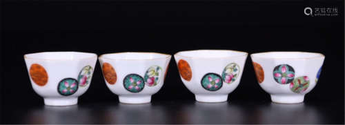 FOUR CHINESE PORCELAIN FAMILLE ROSE BALL OCTAGONAL CUPS