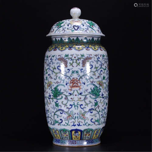 A CHINESE PORCELAIN DOUCAI FLOWER LANTERN LIDDED JAR