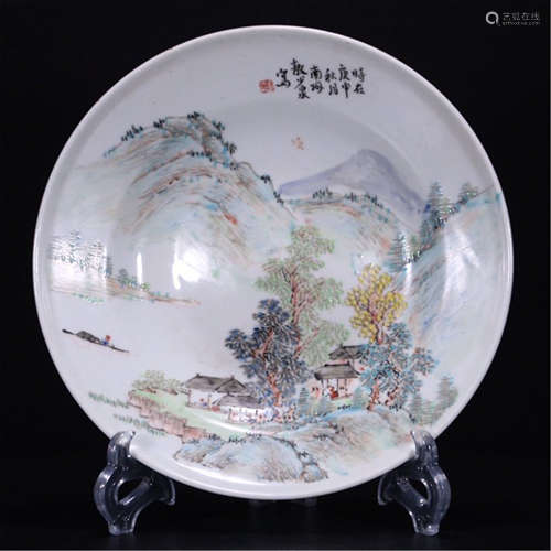 A CHINESE PORCELAIN COLOR MOUNTAIN RIVER PLATE