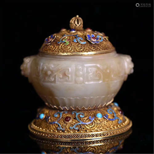 A CHINESE GILT SILVER CARVED JADE HANDLE LIDDED INCENSE BURNER