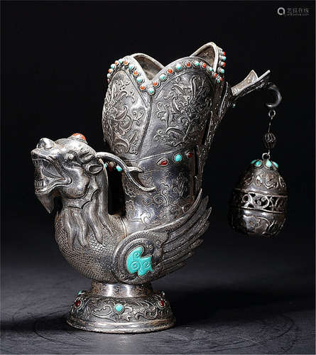 A CHINESE SILVER GEM STONE INLAID DRAGON INCENSE CAGE