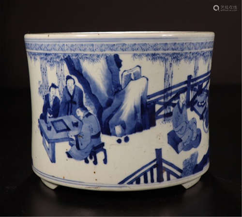 A CHINESE PORCELAIN BLUE AND WHITE FIGURE AND STORY TRIPLE FEET INCENSE BURNER