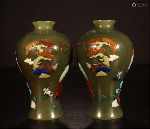 A PAIR OF CHINESE SPINACH JADE GEM STONE INLAID PINE VASES