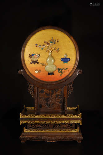 A CHINESE LACQUER GEM STONE INLAID TABLE SCREEN