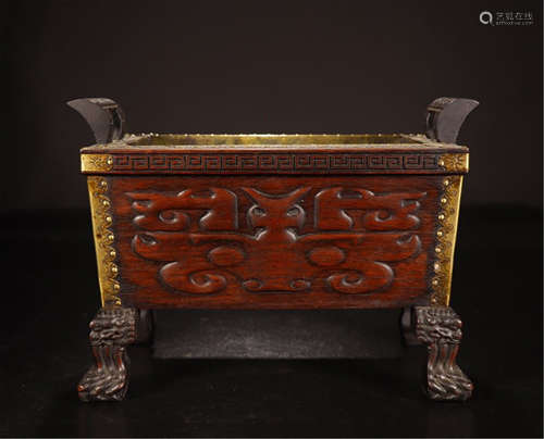 A CHINESE CARVED WOOD INLAID BRONZE HANDLE SQUARE INCENSE BURNER