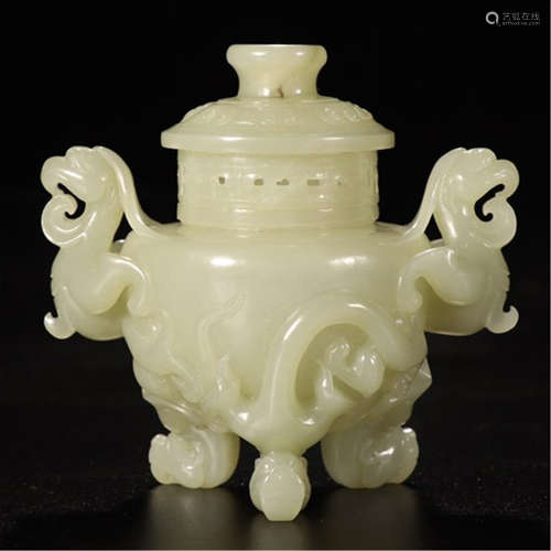 A CHINESE CARVED JADE CRANE DRAGON HANDLE LIDDED INCENSE BURNER