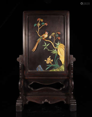 A CHINESE CARVED WOOD GEM STONE INLAID TABLE SCREEN