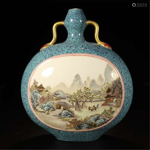 A CHINESE GLAZED PORCELAIN FAMILLE ROSE MOUNTAIN VIEWS FLAT VASE