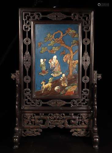 A CHINESE LACQUER CARVED WOOD GEM STONE INLAID TABLE SCREEN