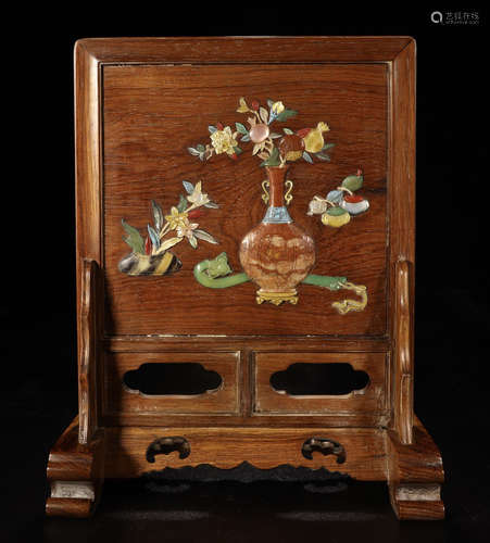 A CHINESE HUANGHUALI WOOD GEM STONE INLAID TABLE SCREEN