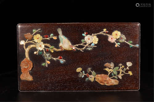 A CHINESE ZITAN WOOD SGEM STONE INLAID FLOWER BIRD LIDDED BOX