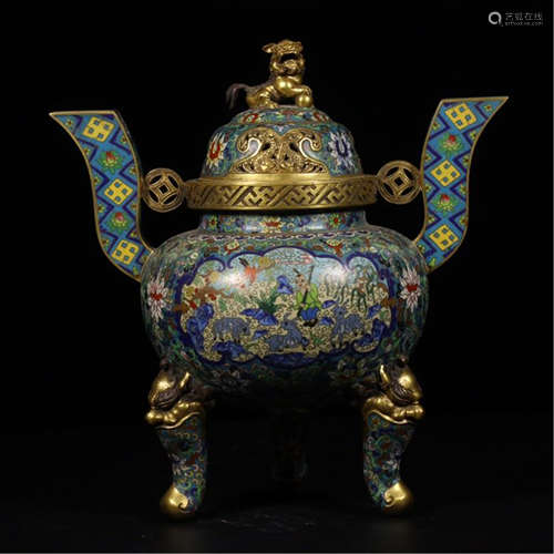 A CHINESE CLOISONNE BOY SHEEP HANDLE TRIPLE FEET LIDDED INCENSE BURNER