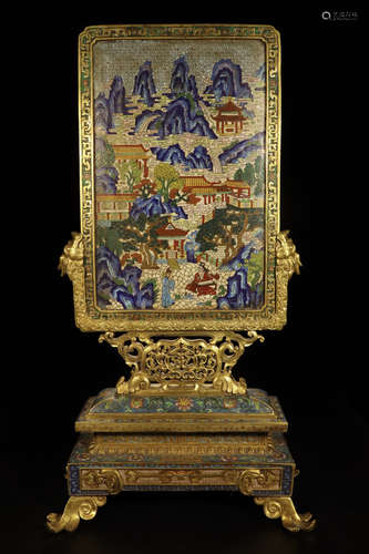 A CHINESE CLOISONNE MOUNTAIN TABLE SCREEN